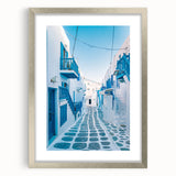 Extra large abstract art print of a Greek scenery in muted earth tones on a textured canvas, framed in silver.