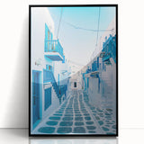 Large abstract wall art depicting a scenic European Greek landscape in muted earth tones, framed in black acrylic.