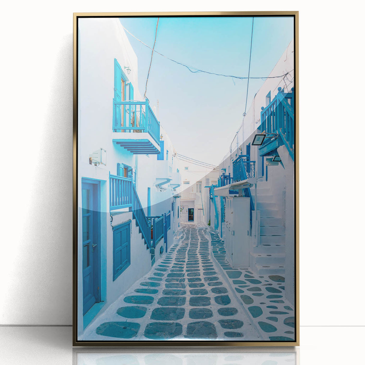 Art deco poster of a European Greece scenery in gold tones on a framed acrylic, suitable for modern art wall decor.