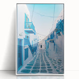 Mid-century modernist art of a European Greek landscape in pastel blue and white tones on a framed acrylic print.