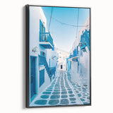 Black and white framed canvas featuring a vintage-style Greek landscape, ideal for bedroom wall art.