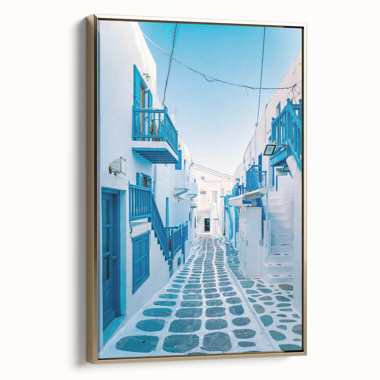 Framed canvas depicting a vintage-style Greek landscape in black and gold tones, ideal for bedroom wall decor.