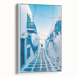 Vintage poster art of a scenic Greek landscape on framed canvas, featuring vibrant blue and white tones.