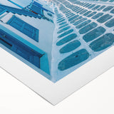 Art deco poster of a serene Greek landscape in muted blue and white tones on rolled canvas, ideal for dining room decor.