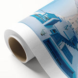 Art Deco poster of a serene Greek landscape on rolled canvas, featuring pastel colors, ideal for nursery wall art.