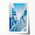 Scenic Greece landscape on rolled print, featuring vivid blue and white tones, ideal for dining room wall art.