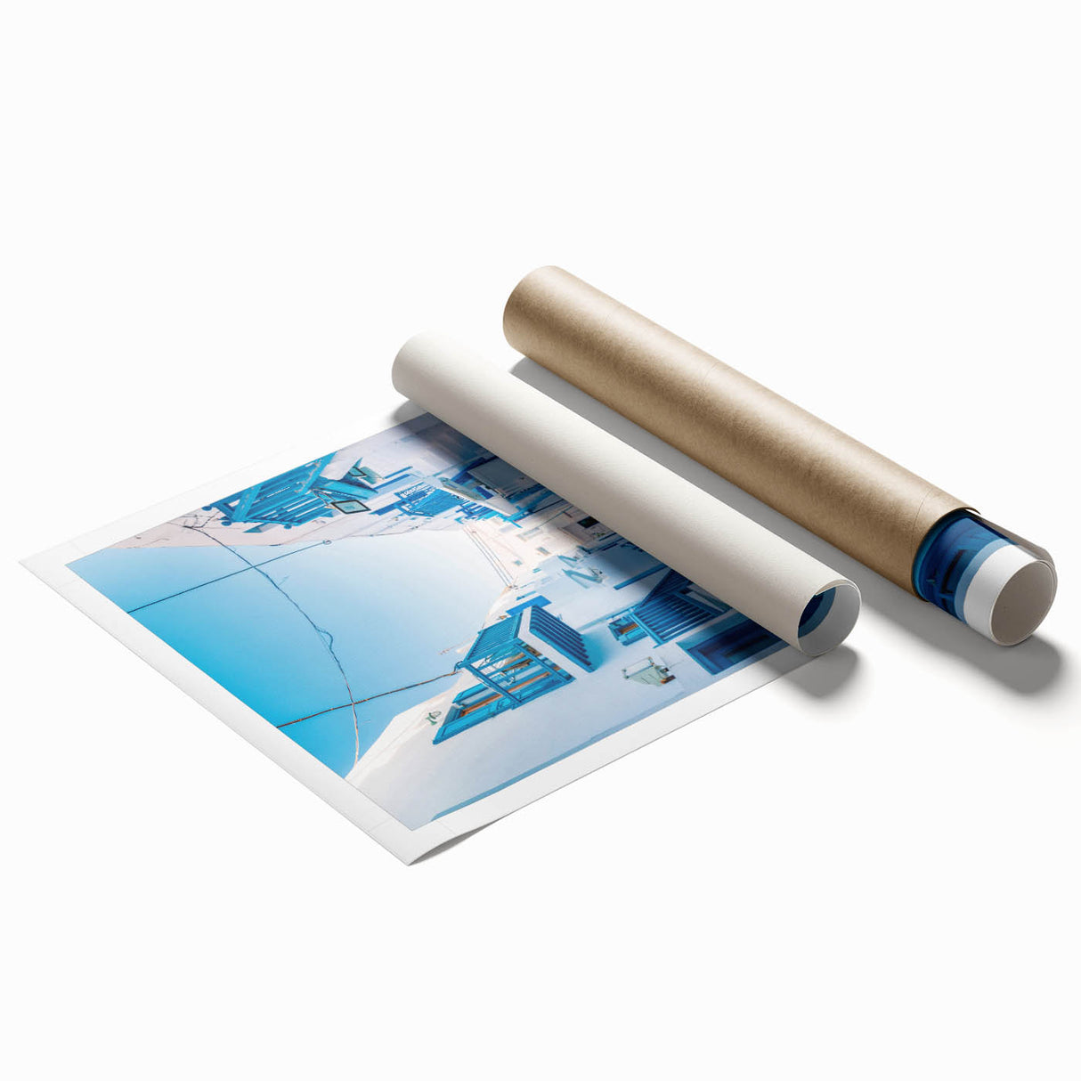 Extra large rolled print featuring a serene Greek landscape with vibrant floral foreground.