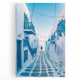 Black and white stretched canvas of a scenic Greek village, ideal for kitchen wall art or bedroom ambiance.