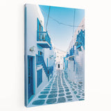 A large canvas print depicting a scenic view of a Greek coastline with blue and white tones, suitable for kitchen wall art.