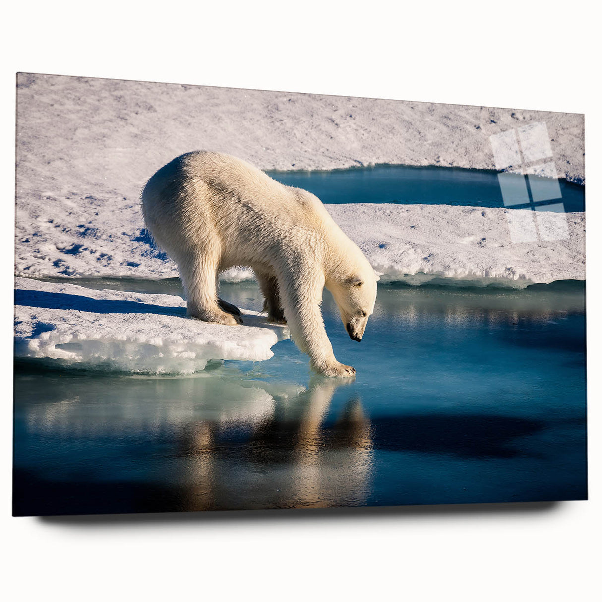 Large abstract wall art of a Greenland scenery in muted green and blue tones, printed on acrylic glass.