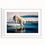 Textured art print of an abstract Greenland scenery in muted green and blue tones, framed with a white mat.