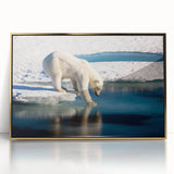 Acrylic print of a serene Greenland landscape in muted green and blue tones, framed in gold.
