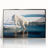 Large art print of a Greenlandic landscape in muted green and blue tones on a framed acrylic.