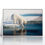 Mid-century modernist art depicting a serene Greenland landscape in muted green and white tones, framed acrylic.