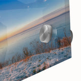 Mid-century modernist style large abstract wall art of a European landscape in vibrant hues on acrylic glass.