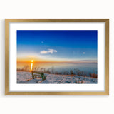 Abstract art print of a European scenery in muted gold and green hues, framed with a gold mat.