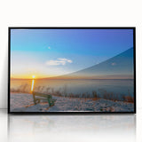 Large abstract wall art of a European cityscape in muted gray and blue tones, framed in black acrylic.