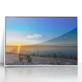 Mid-century modernist art depicting a European cityscape in muted gray and blue tones on a framed acrylic print.