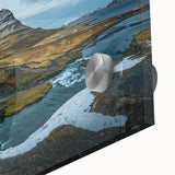 Large abstract wall art featuring a vibrant Icelandic landscape in acrylic glass, ideal for dining room ambiance.