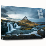 Acrylic print of a serene Icelandic landscape in muted blue and gray tones, ideal for bedroom or dining room decor.