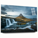 Large abstract wall art of Icelandic scenery in muted blue and gray tones on acrylic glass.
