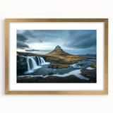 Abstract art print of a European landscape in muted earth tones on a gold-framed canvas, suitable for dining room decor.