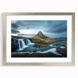 Extra large abstract art print of Icelandic scenery in muted earth tones, framed in silver, ideal for living room decor.
