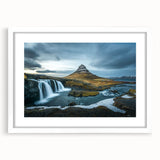 Textured art print depicting an abstract Icelandic landscape in cool blue and gray tones, framed in white.