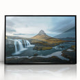Large abstract wall art of an Icelandic landscape in muted gray and blue tones, acrylic print in a black frame.