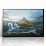Large abstract wall art of an Icelandic landscape in muted gray and blue tones, acrylic print in a black frame.
