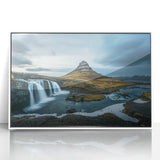 Mid-century modernist art depicting a serene Icelandic landscape in muted gray and blue tones on a framed acrylic panel.