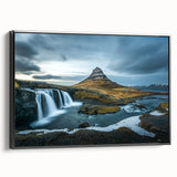 Black and white framed canvas of a serene Icelandic landscape, ideal for bedroom wall decor.