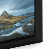 Extra large framed canvas featuring a textured depiction of a black Icelandic scenery with colorful accents.