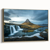 Framed canvas featuring a vintage-style Icelandic landscape in muted gold and black tones, ideal for bedroom wall art.