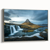 Framed canvas landscape art painting of an Icelandic scenery, featuring muted earth tones and a vintage poster style.