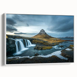 Vintage poster art of a European landscape in Iceland, displayed on extra-large framed canvas with vibrant colors.