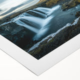 Art deco poster featuring a serene Icelandic landscape with muted blue and green tones on rolled canvas.