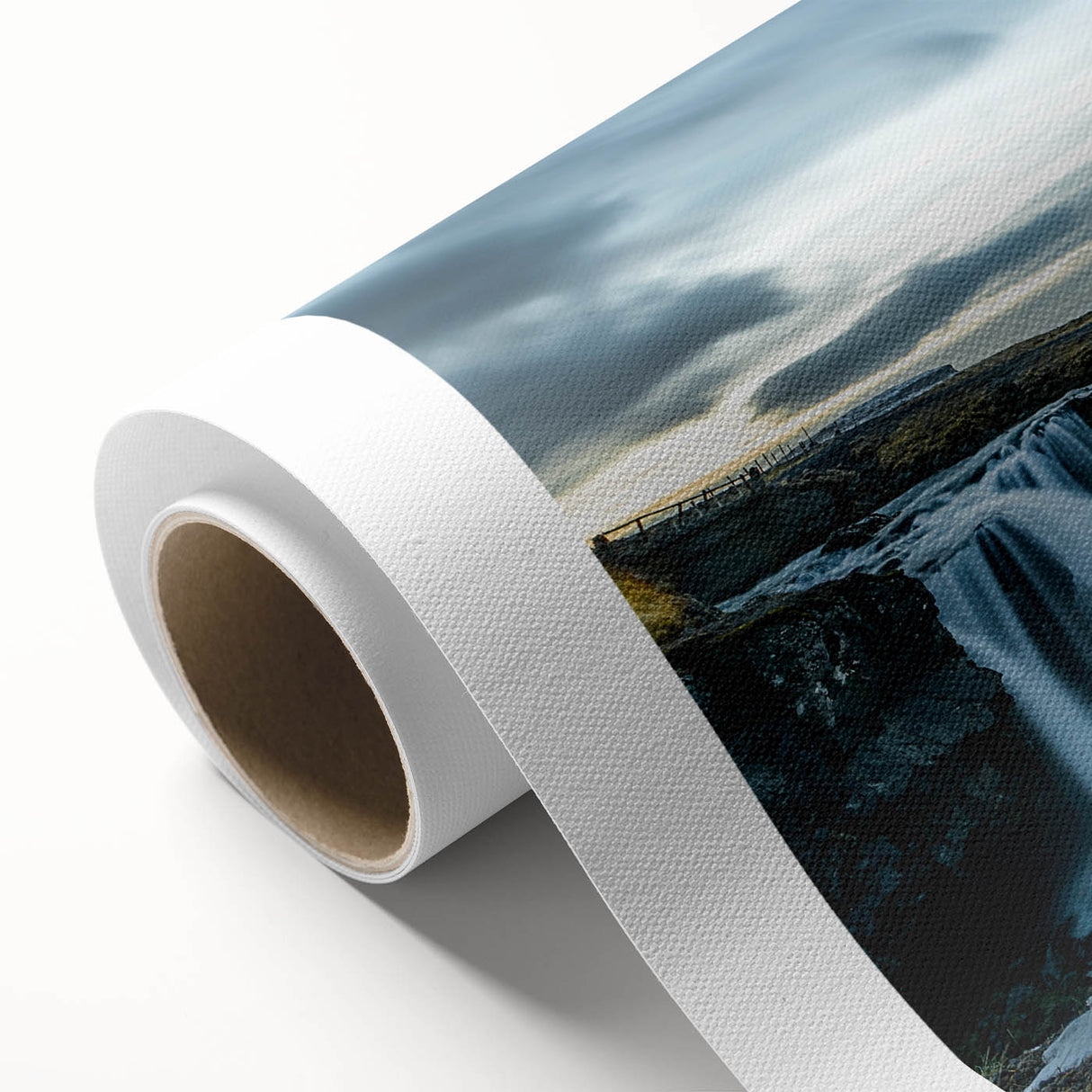 Art deco poster of Iceland scenery in muted blue and green tones on rolled canvas, ideal for nursery wall art.