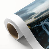 Art deco poster of Iceland scenery in muted blue and green tones on rolled canvas, ideal for nursery wall art.