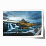 Rolled print of a serene Icelandic landscape, featuring muted green and blue tones, ideal for art wall dining room decor.