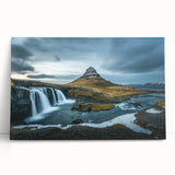 Large black and white stretched canvas depicting a serene Icelandic landscape, ideal for kitchen wall art.