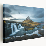 Large canvas print featuring a serene Icelandic landscape in muted blue and green tones, ideal for kitchen wall art.