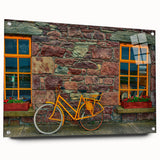 Acrylic glass print of a serene Irish landscape, featuring lush green fields under a cloudy sky, ideal for dining room decor.