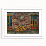 Textured abstract art print of a serene Irish landscape in muted green and blue tones, framed with a white mat.