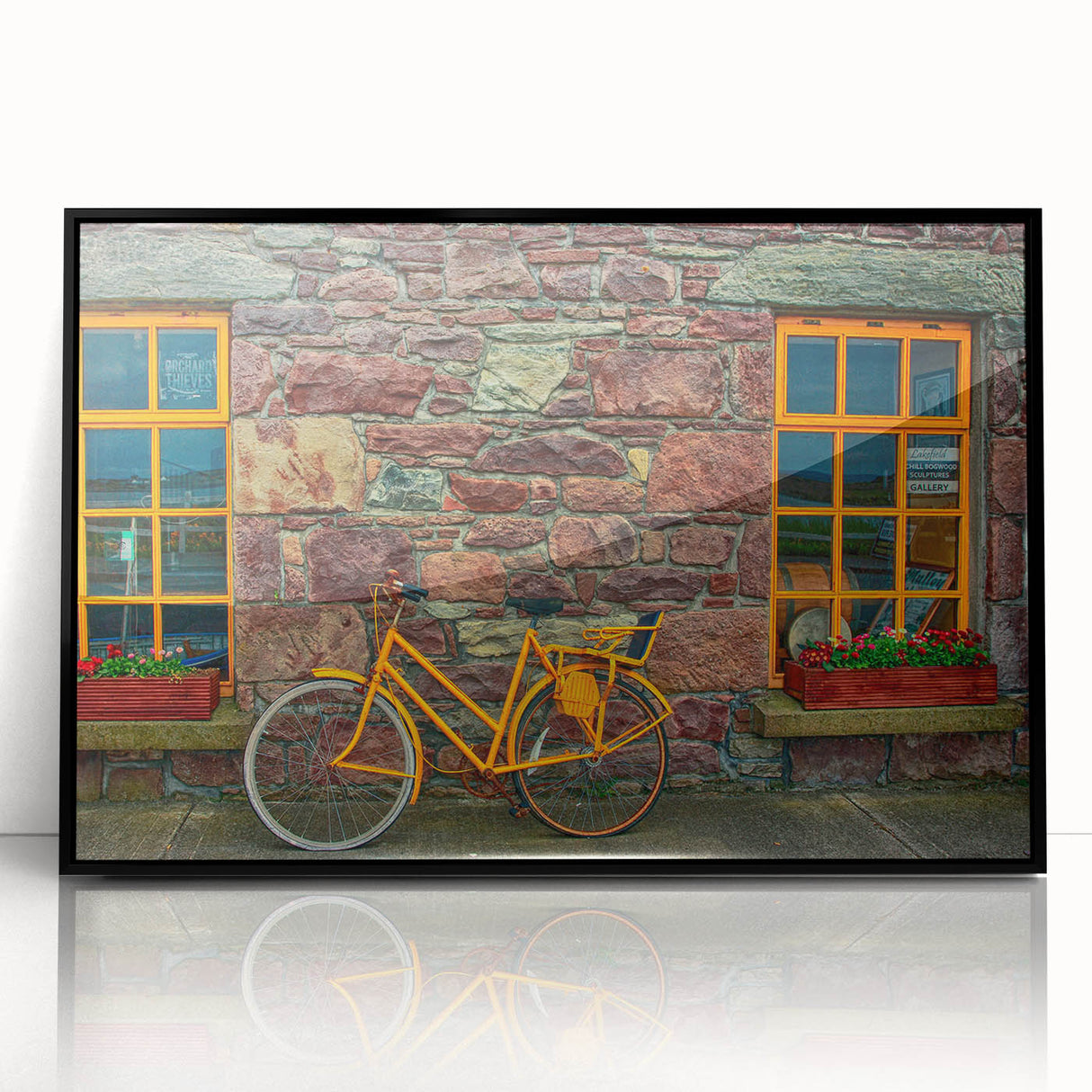 Large abstract wall art featuring a stylized Irish landscape in muted green and blue tones on framed acrylic.