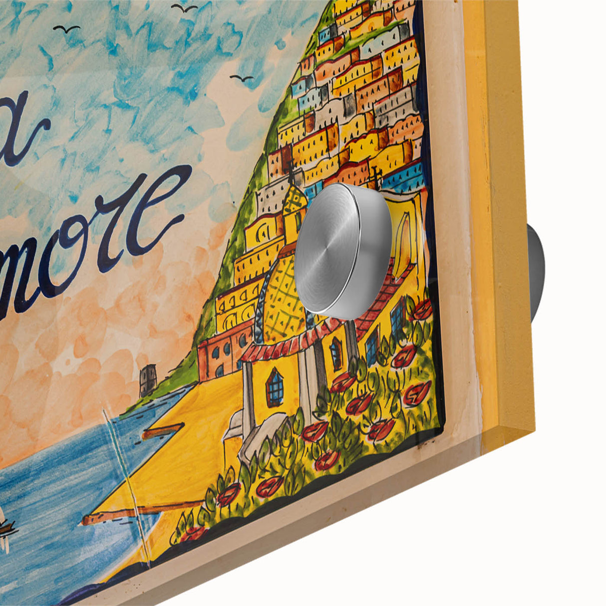 Mid-century modernist acrylic print of Amalfi Coast in muted earth tones, ideal for dining room art.
