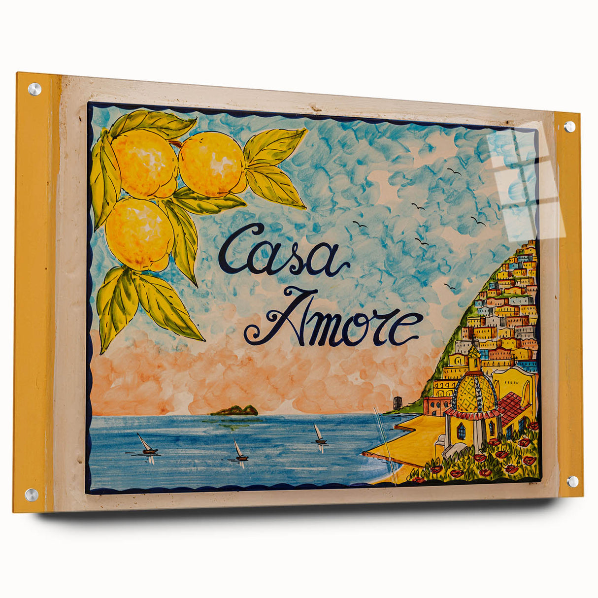 Acrylic print of the Amalfi Coast in vibrant blues and greens, ideal for bedroom or dining room decor.