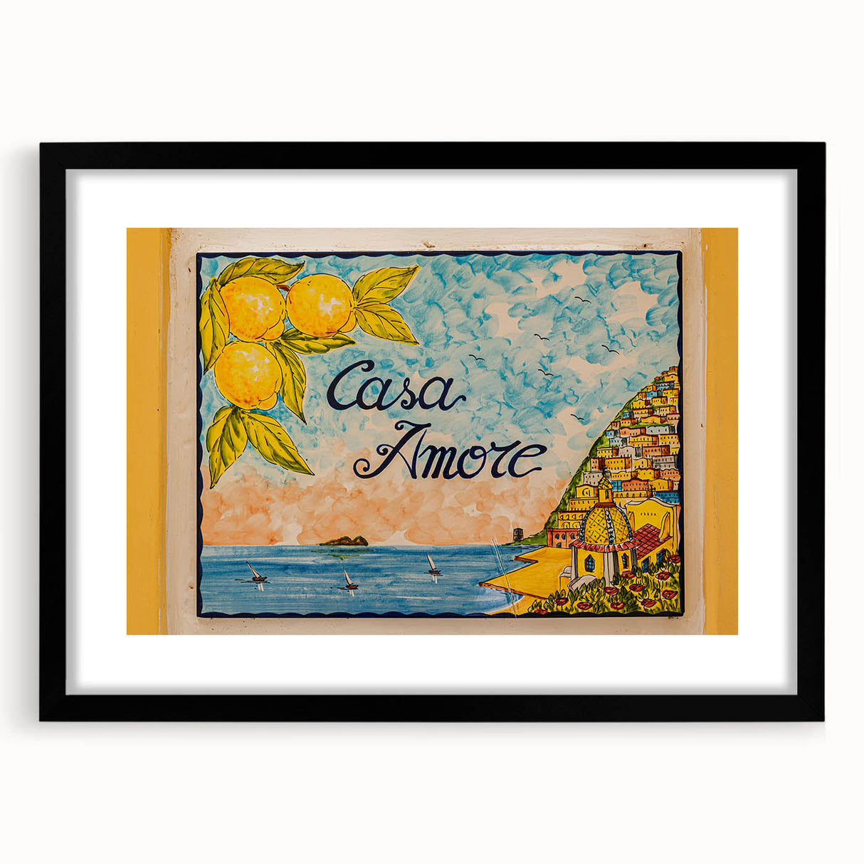 Colorful art depicting the Amalfi Coast with abstract prints and textured finish, framed in black.
