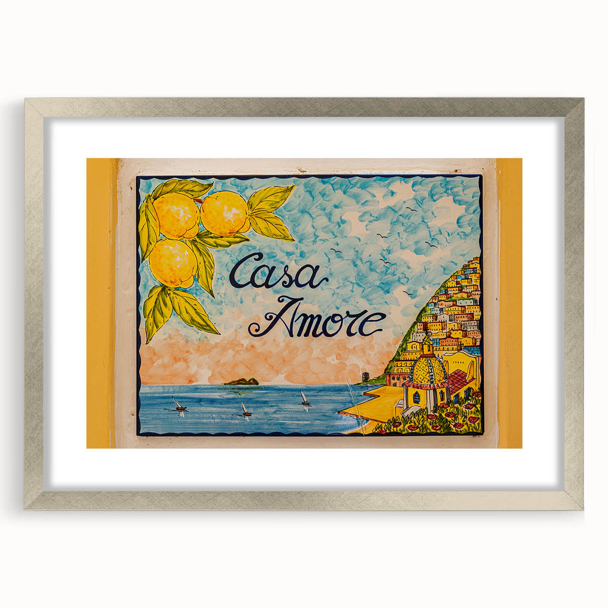 Extra large wall art featuring an abstract depiction of the Amalfi Coast in textured hues of blue and white.