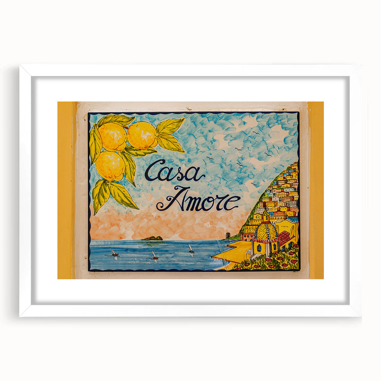 Textured art of Amalfi Coast with abstract blue and white tones on a framed white mat, ideal for bedroom art.